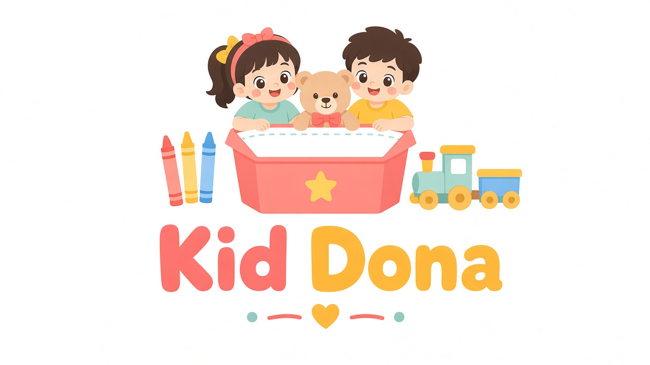 Kid Dona logo — kids, teddy, crayons and train